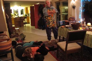 Steve and the puppy pile (Mariya, Elena and Jack)